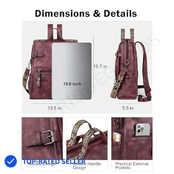 Vegan Leather Laptop Backpack Retro Designer Work Travel Daypack 11 Pockets